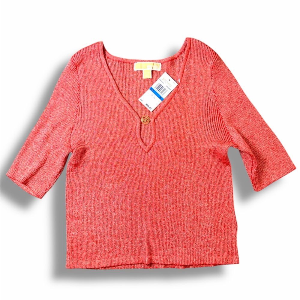 NWT Michael Kors Salmon Pink Ribbed V-Neck Embellished Top Casual 3/4 Sleeve XL